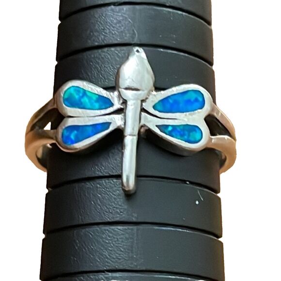 Sterling Silver Dragonfly Blue Inlaid Opal Ring Womens Size 9.75 - Picture 1 of 10
